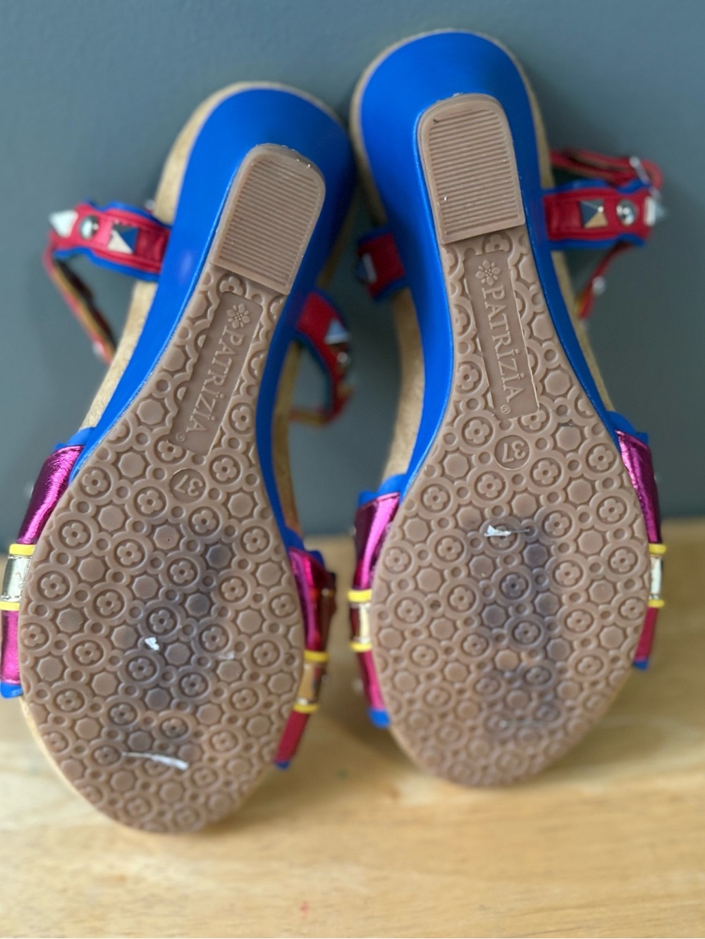 Patrizia Colorful Studded Wedge Sandals Size 37 EU Boho Festival Ankle Strap - Picture 9 of 9